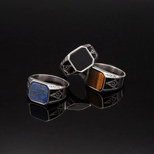 Vintage men's Masonic signet ring in stainless steel with lapis and tiger eye stones