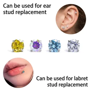 Titanium steel lip and ear stud set with sparkling cubic zirconia in four colors