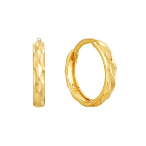 Elegant gold hoop earrings with geometric carved texture and 375 hallmark authentication