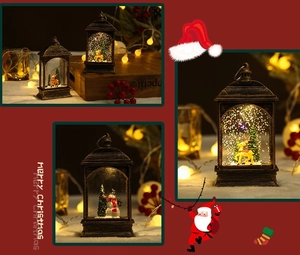 Close-up of lighted Christmas water lantern with Santa Claus and snowman scene inside