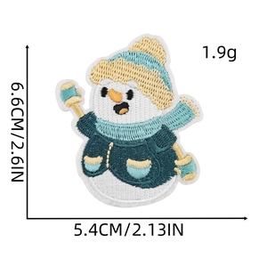 Detailed size chart for a cute snowman embroidery patch with precise dimensions