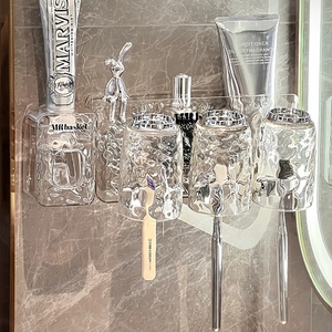 Wall-mounted glacier texture toothbrush holder set with automatic toothpaste dispenser