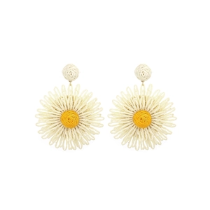 Detail of handmade woven raffia daisy earrings featuring cream petals and yellow center