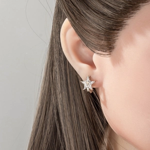 Elegant star-shaped silver hoop earrings with clear zircon crystals worn by a model