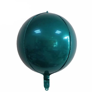 Detailed view of spherical dark green metallic 4D foil balloon with glossy finish