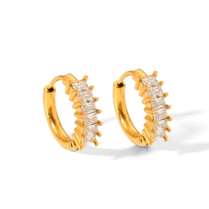Close-up of gold-plated hoop earrings with five rectangular-cut cubic zirconia stones