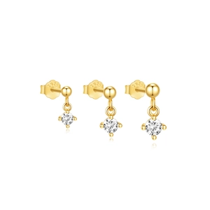 Detail view of gold-plated S925 sterling silver stud earrings with clear zircon stones