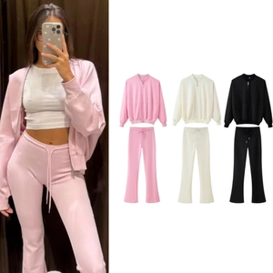 Women Full Zip Bomber Jacket And Drawstring Flare Pants Polyester Solid Color Casual Sporty Long Sleeve Streetwear
