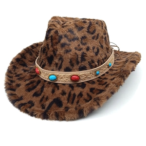 Leopard Print Cowboy Hat Western Faux Fur Wide Brim With Gemstone Band Winter Warm Fashion Streetwear