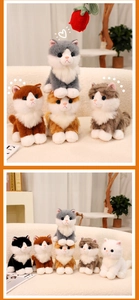 Detailed view of various realistic plush cats with fluffy textures and soft pastel colors