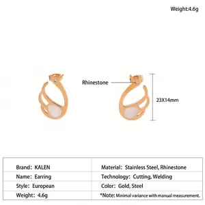 Detailed view of rose gold swan earrings with white shell inlay and sparkling crystal accents