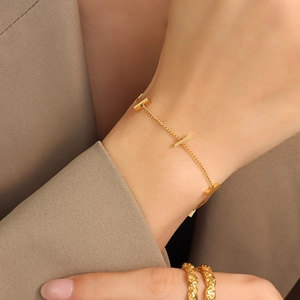 Minimalist gold bamboo bar bracelet and ripple open ring set for women in stainless steel