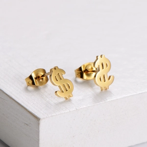 Minimalist gold dollar sign stud earrings crafted in polished finish for women