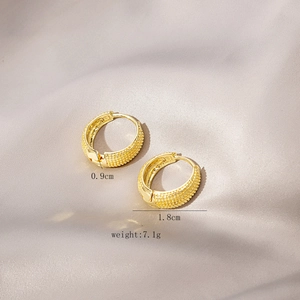 Detail shot of gold hoop earrings with grainy texture, 1.8cm diameter, on grey satin fabric