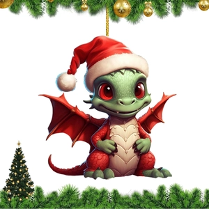 Pendentif dragon de Noël vert avec bonnet de Père Noël pour déco de sapin et voiture