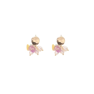 Handmade gold plated pearl earrings with natural purple and yellow gemstones on white background
