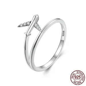 925 Sterling Silver Airplane Open Ring For Women Minimalist Creative Zirconia Airplane Design Adjustable Finger Ring Jewelry