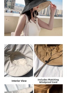 Detail view of double-sided sun hat with adjustable windproof rope and wide brim