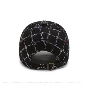 Detail view of the black baseball cap rear with metal buckle and all-over China print