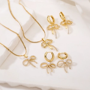 Elegante Kupfer Schleife Schmuck Mit Künstliche Perle Und Zirkonia Anhänger Halskette Und Ohrring Accessoires Für Frauen Mode Stil
