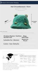 Size chart for cute frog plush bucket hat with measurements for head circumference 58cm