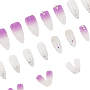 Dreamy purple ocean style press-on nails with 3D rhinestones and pearl details