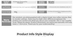 Detailed chart showing 12-piece wooden Christmas ornaments set including deer and snowflakes