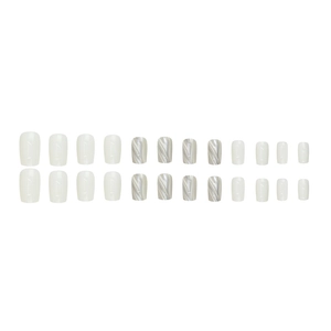 Short square press-on nails with grey and white marble pattern and cat eye finish