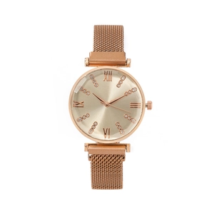 Elegant rose gold women's watch with Roman numeral dial and Milanese mesh strap