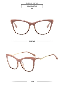 Detail view of khaki and demi cat-eye glasses frames with blue light blocking lenses