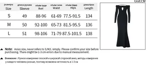 Size chart showing measurements for the off-shoulder long sleeve slim fit maxi dress