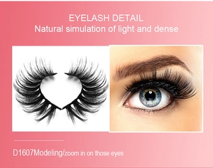Detail view of model eyes and D1607 natural dense black synthetic false eyelashes