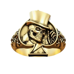 Bague punk hip-hop pour homme en or avec tête de mort, haut-de-forme et pique