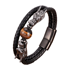 Men's double-layer black braided leather bracelet with tiger eye bead and dragon head magnetic clasp
