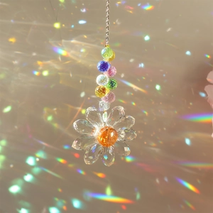 Close-up of crystal suncatcher casting vibrant rainbow patterns on a neutral wall