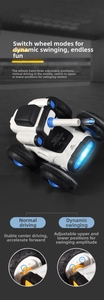 Detail of 2.4G RC stunt car showing dual-mode wheel adjustment for smooth or rocking motion