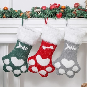Chaussette de Noël Créative Patte d'Animal Sac Cadeau en Acrylique Tricoté Avec Bordure en Fausse Fourrure Décoration de Fête à la Maison