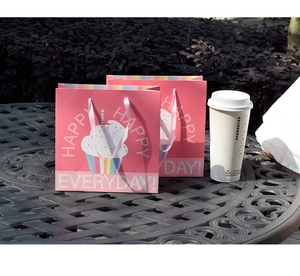 Pink cartoon ice cream paper gift bag with satin handles and sweet message prints
