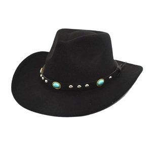 Black felt western cowboy hat with turquoise studded band and classic upturned brim