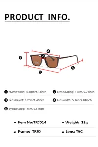 Detailed size chart for square polarized sunglasses with dimensions of frames and lenses