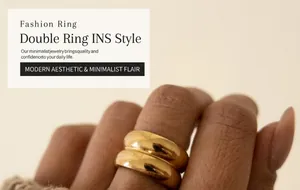 Detailed view of an 18K gold-plated double-layer wide band ring on a finger