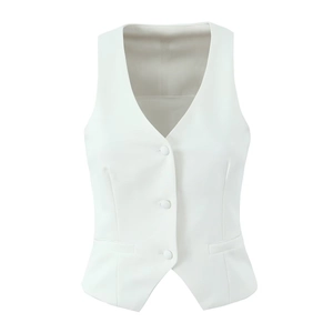 Detail of cream white tailored vest featuring three buttons and premium textured fabric