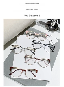 Detailed display of cat-eye anti-blue light glasses in pink, black, brown, and wine red