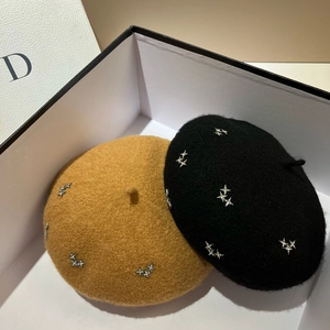 Lambswool beret hats with rhinestone star accents in black and beige with gift box