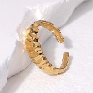 Adjustable golden stainless steel open ring with unique irregular wavy textured surface