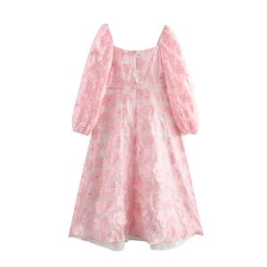 Pink floral jacquard long sleeve dress with square neck and puff sleeves, back view