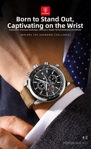 Close-up of chronograph watch with black dial and leather strap worn with a suit