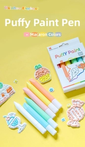 Detail of 6-color macaron puffy paint pens showing 3D expansion effect and packaging