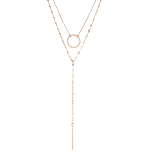 Double-layered rose gold stainless steel necklace with round and bar geometric pendants