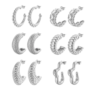 Set of 6 pairs vintage silver stainless steel C-shaped hoop earrings with unique textures